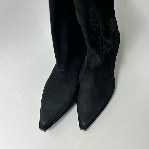 Free People Moon&Back Slouch Western Print Pointy Toe Black Suede Boots Size 36 - Picture 7 of 10